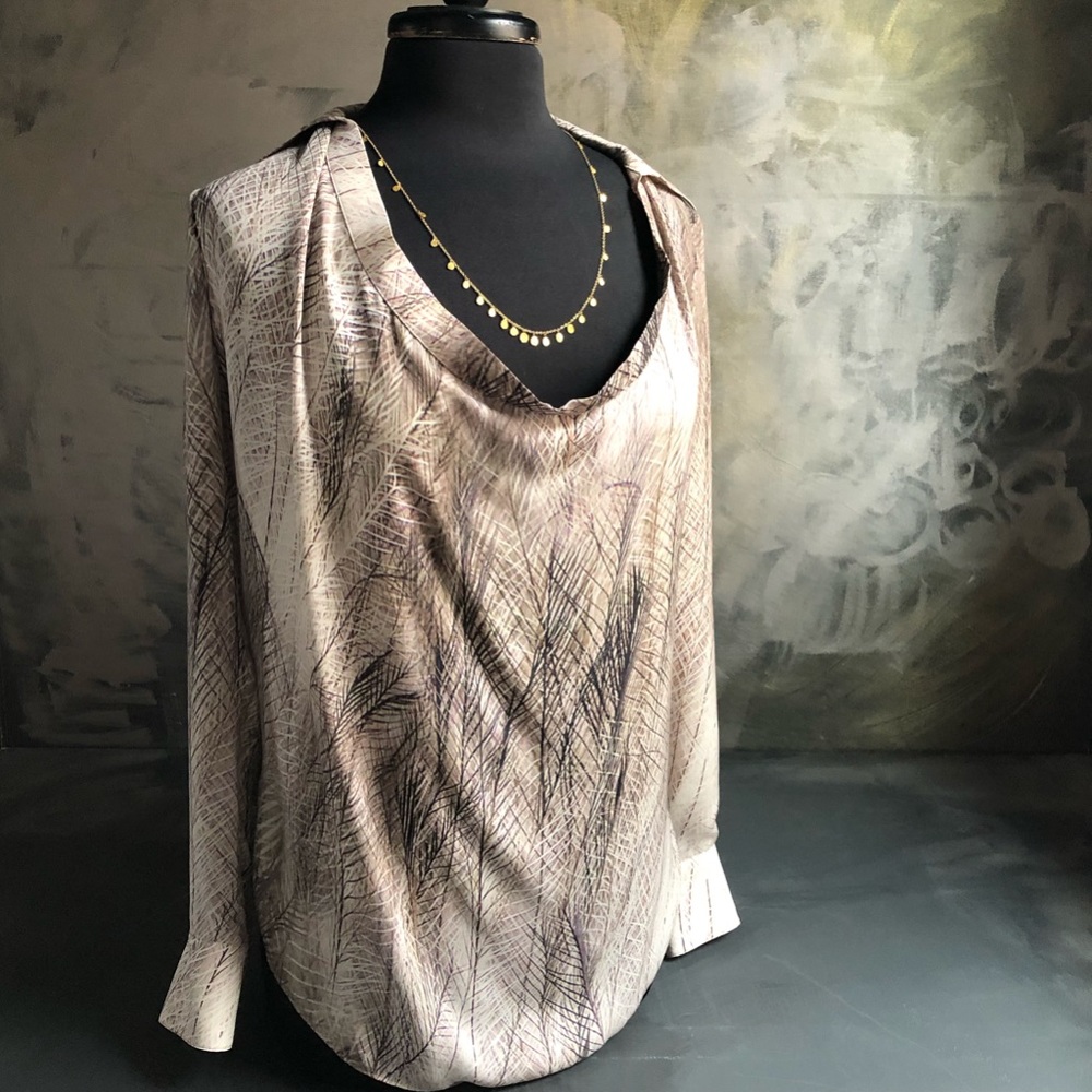 Haute Hippie Silk Feather Print Long Sleeve Blouse
